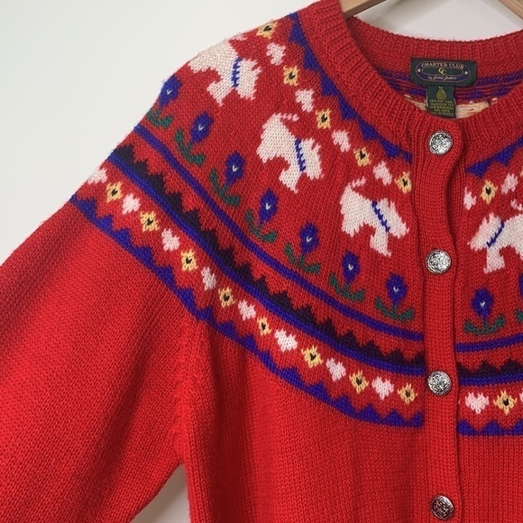 Charter Club Jane Justin Vintage 100% Wool Scottie Dog Knit Button Cardigan M - Picture 7 of 17